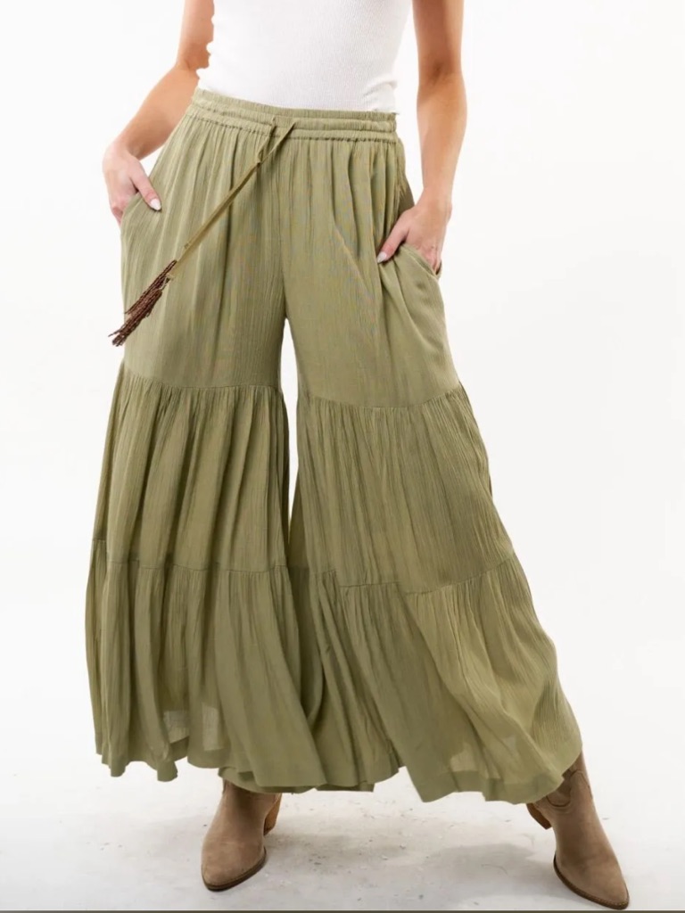 Ar10 Aratta Dream Pants | Wide-Leg Tiered Palazzo Pants In Olive Green